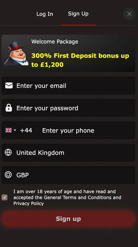 First step of Mr Jones Casino registration form